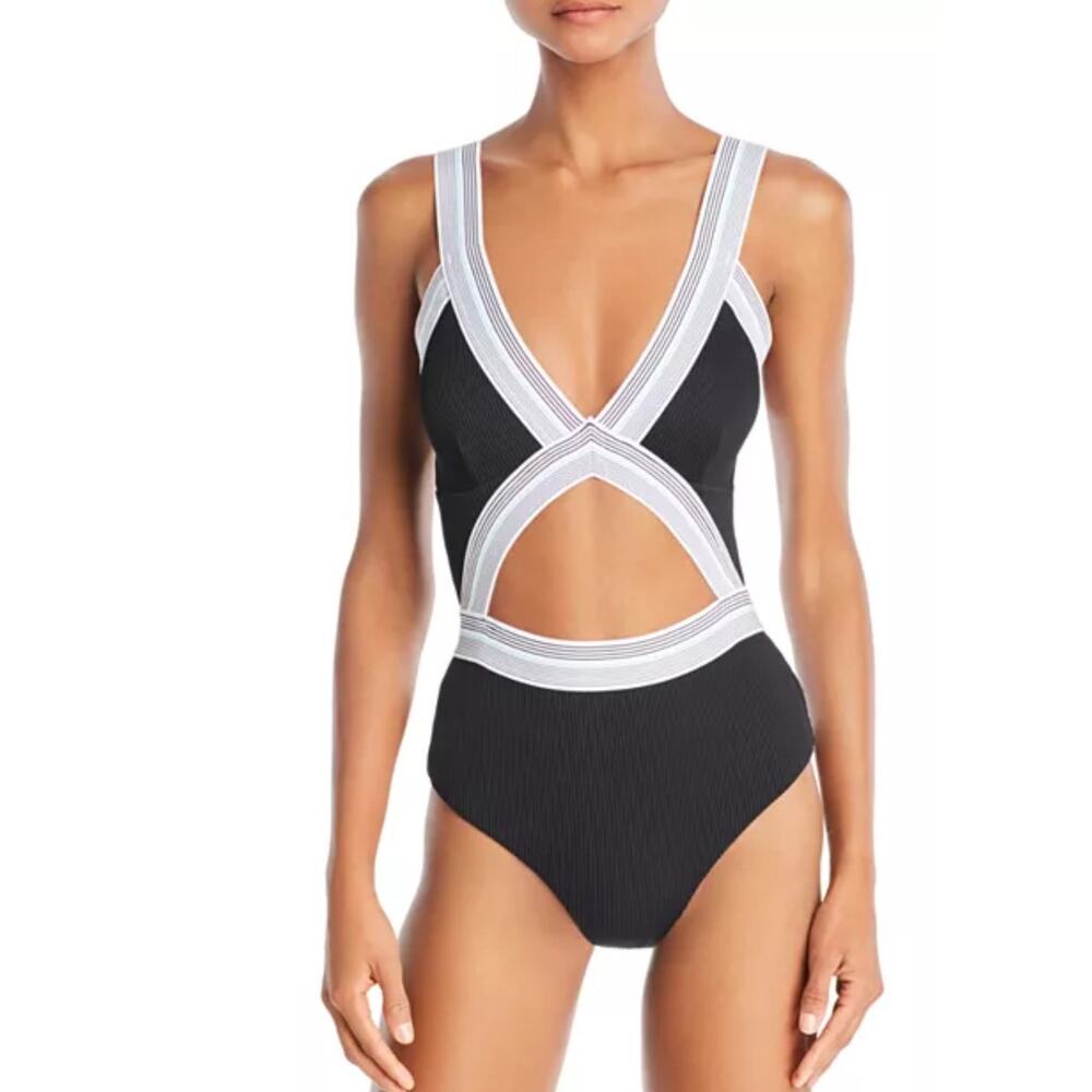Dolce Vita Fast Lane Blair Cutout One-Piece Swimsuit Black/White/Blue XL NWT